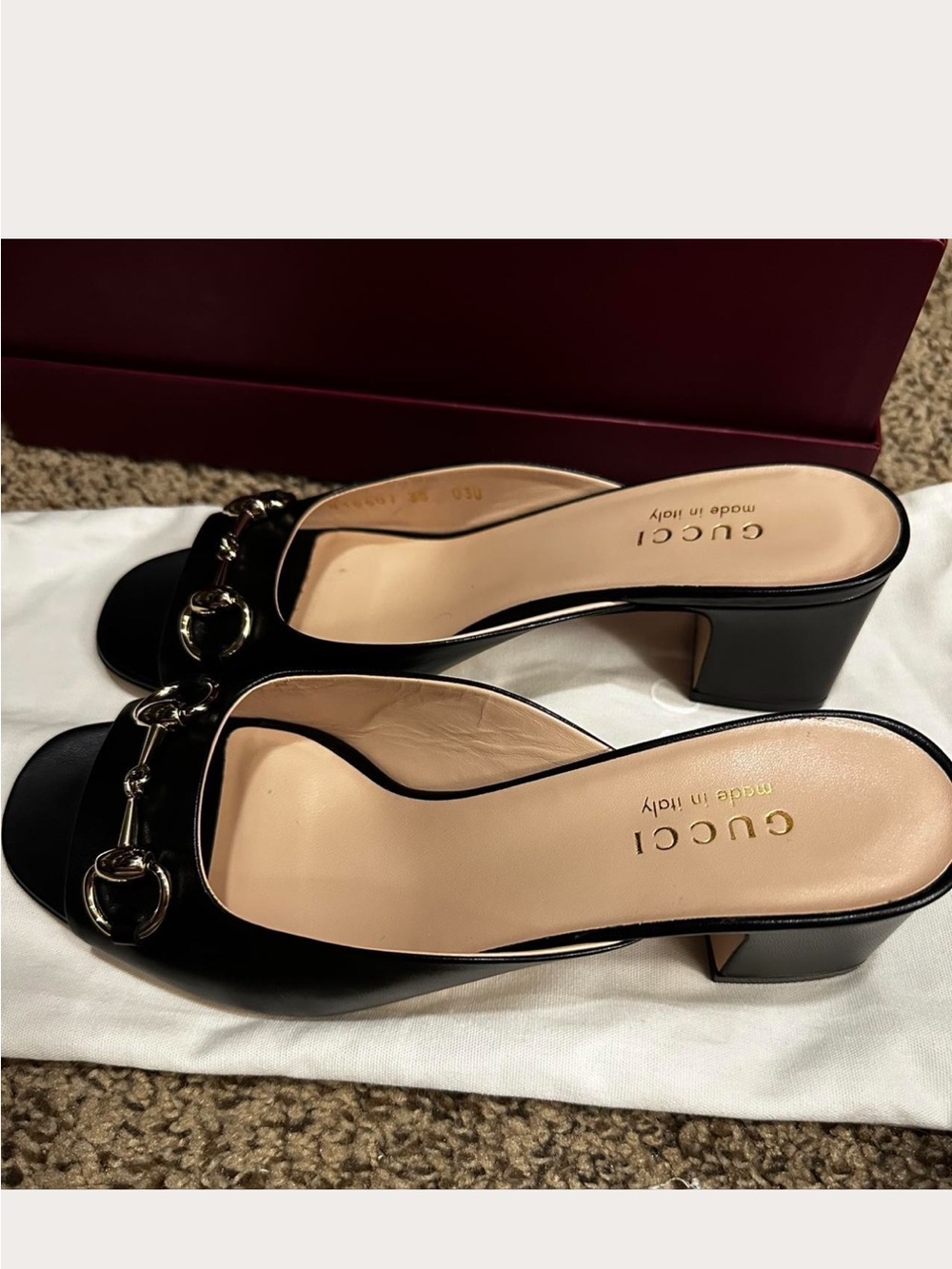 Gucci Black Leather Horsebit Mid-Heel Mules